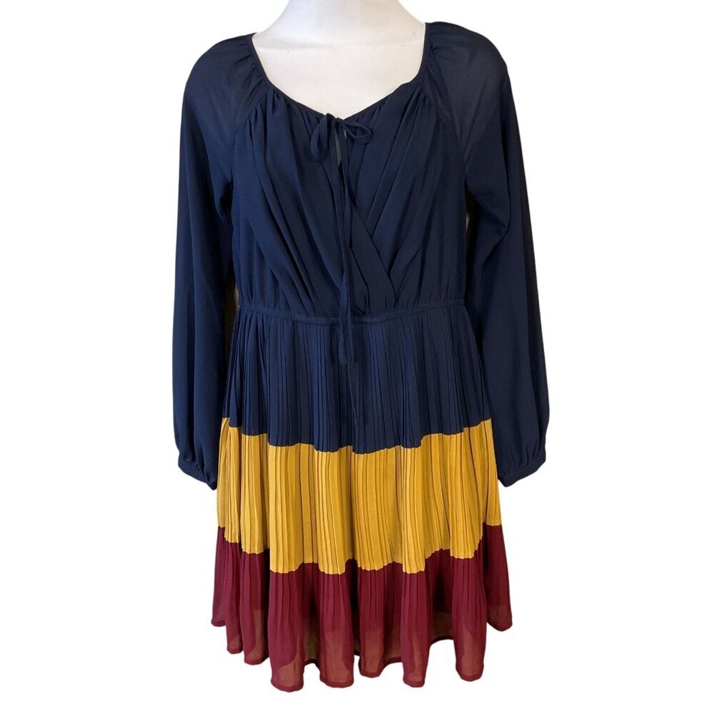 Double Zero Long Sleeve Tie Neck Lined Faux Wrap Pleated Colorblock Dress Small